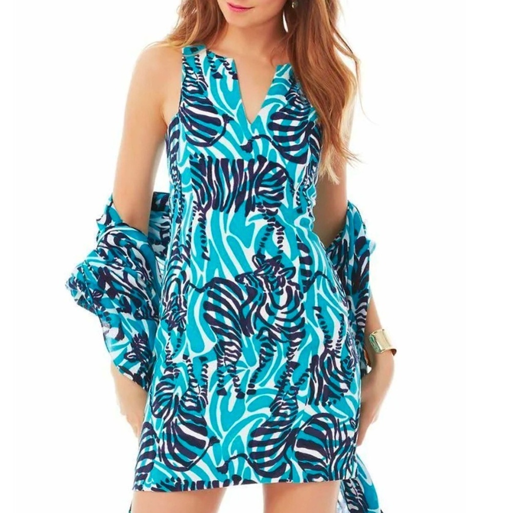 Lilly Pulitzer Turquoise Navy Zebra-Print V-Neck Shift Dress